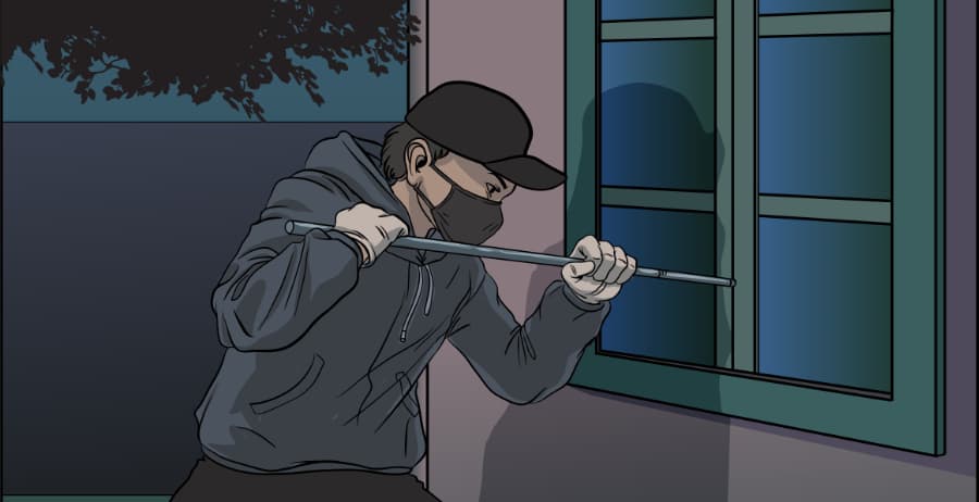 Illustration of burglar forcing entry through a window in Sandy Springs