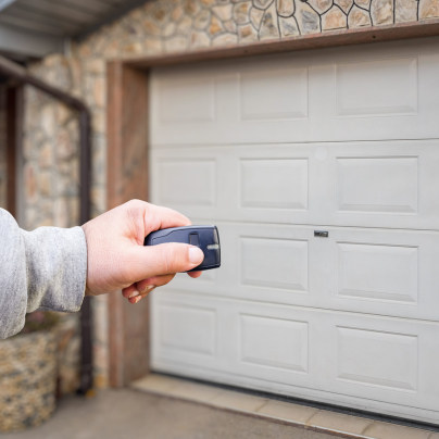Sandy Springs security key fob pointing to a garage door